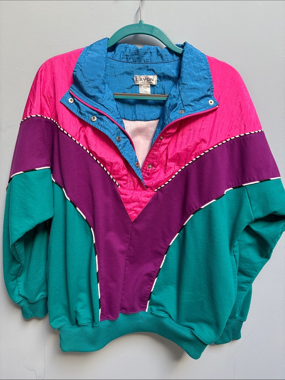 Vintage 90s Lavon Colorblock Windbreaker Pullover Jacket Sz L Teal Pink Purple